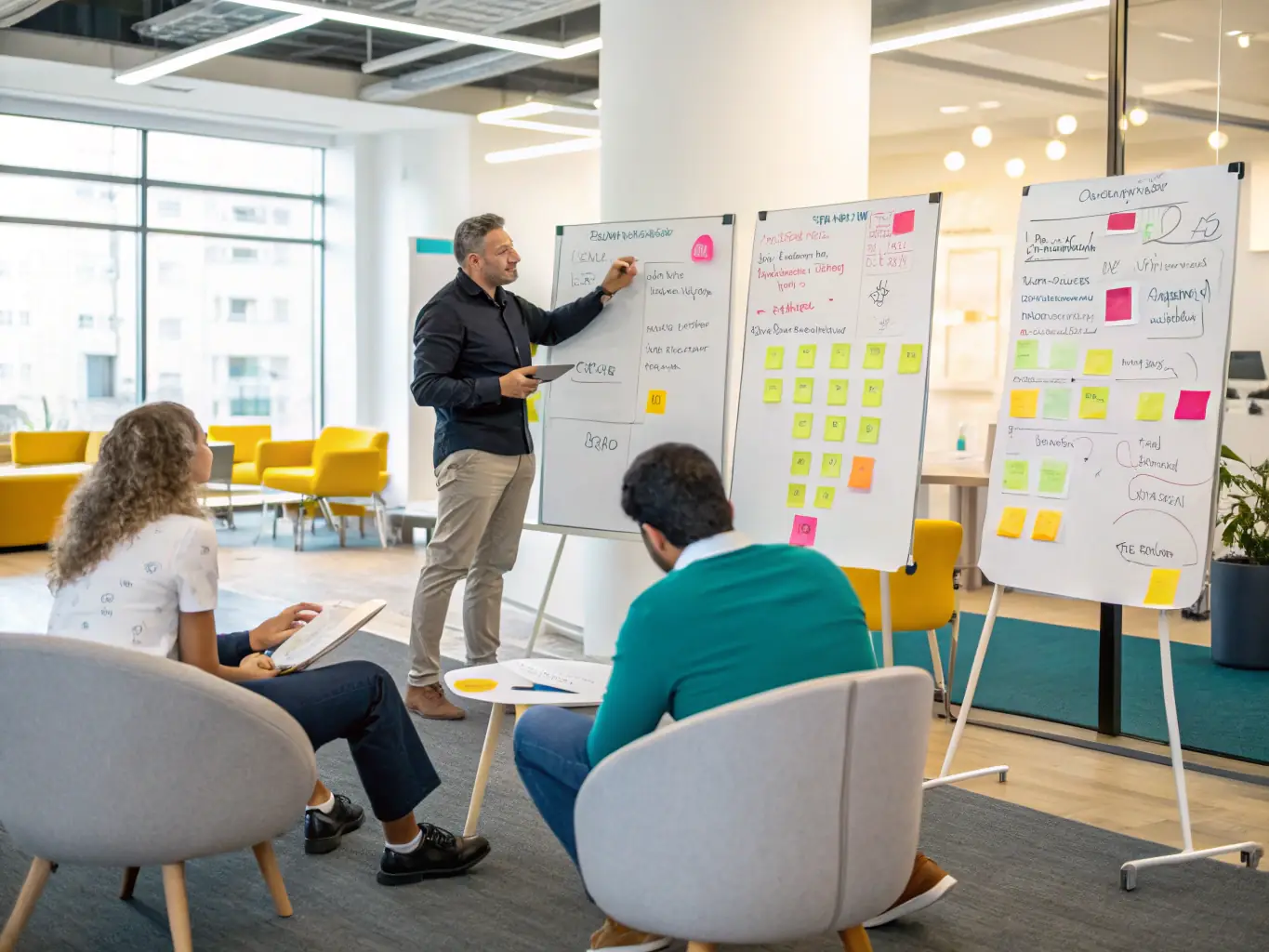 A business mentor guiding a startup founder through a challenging decision, using a whiteboard to illustrate potential solutions and strategies.