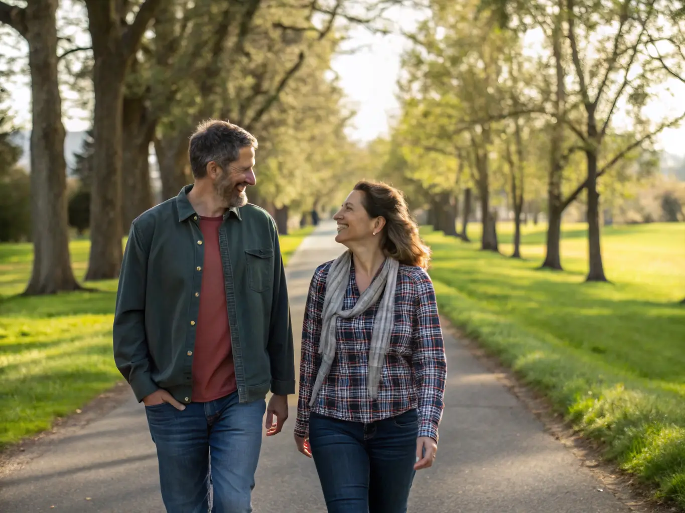 An image of a business mentor and mentee walking through a park, engaged in a deep conversation, representing the supportive and personal relationship fostered by MentorUKUno's mentoring approach.