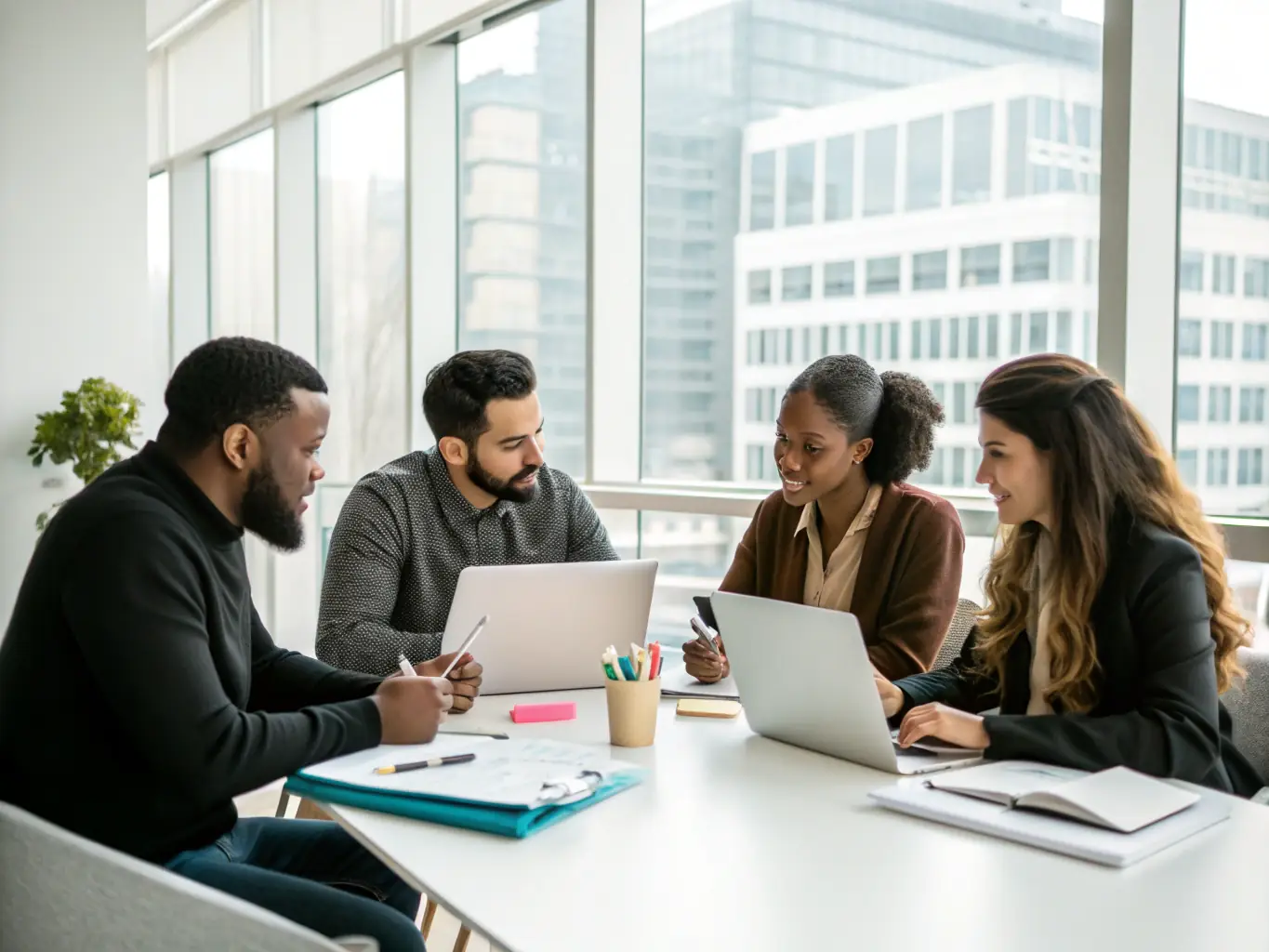 An image of a diverse group of business professionals collaborating around a table in a modern office, brainstorming ideas and strategies, symbolizing the collaborative and innovative approach of MentorUKUno's business mentoring program.