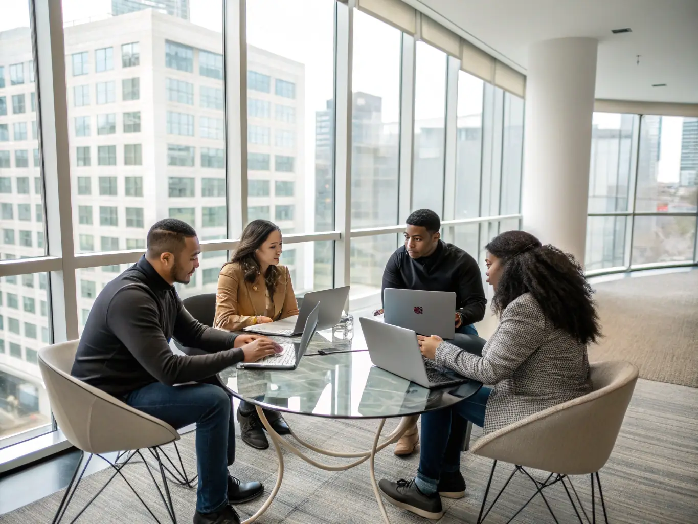A diverse team of business professionals collaborating around a table, brainstorming ideas and developing innovative solutions for a client's business challenges.