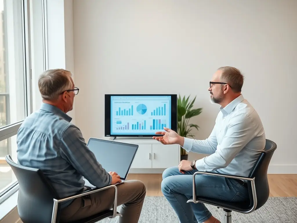 A professional business coach in a modern office setting, reviewing financial documents with a client, both smiling and engaged in a positive discussion about business growth strategies.