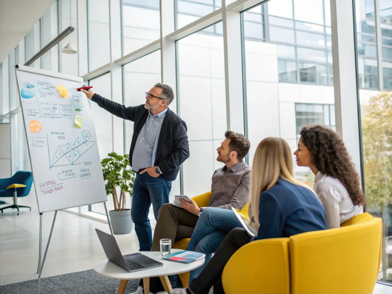 A seasoned business mentor providing one-on-one guidance to a business owner, pointing at a strategic plan on a whiteboard, emphasizing key performance indicators and growth targets.